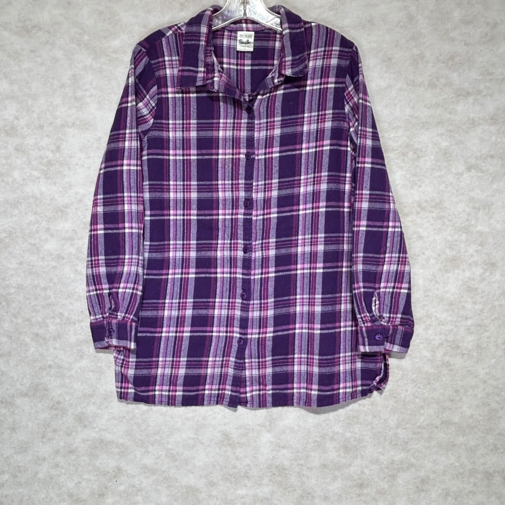Blair Womens XL Purple Plaid Flannel Button Down Shirt Long Sleeve Cotton